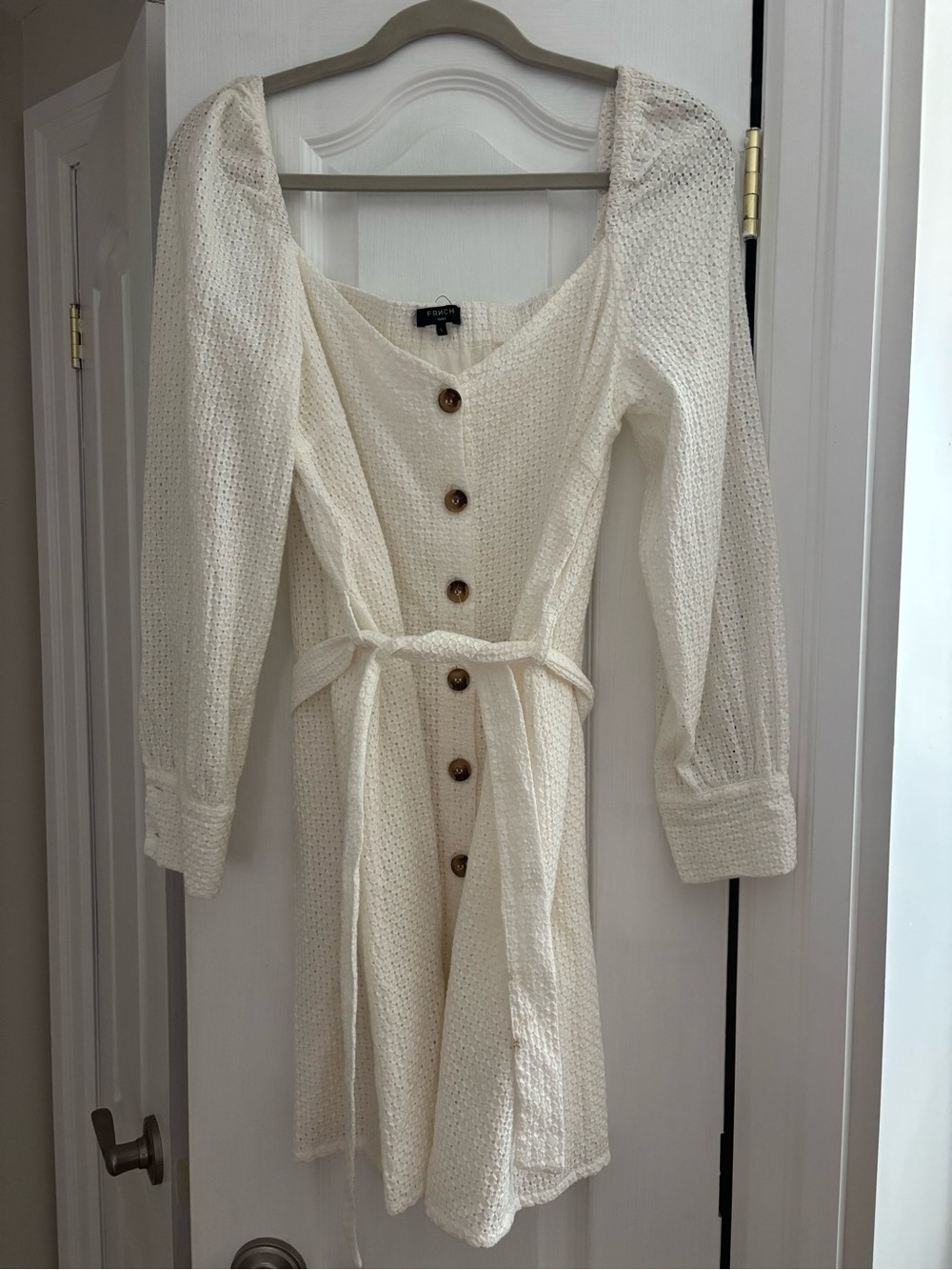 FRNCH Creamy White Button-Front Mini Dress with Tie Waist